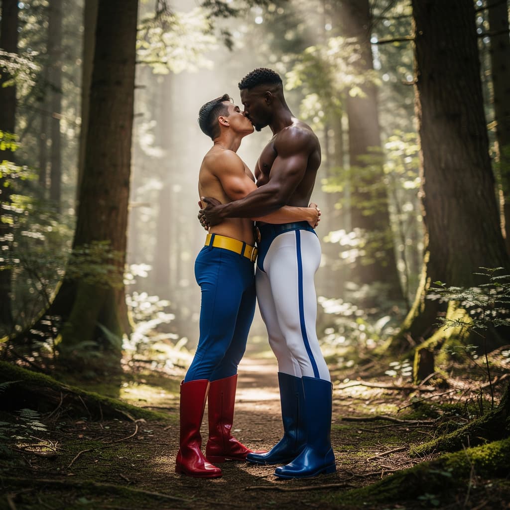 AI generated: A muscular, young man broad shoulders, and defined torso. He is shirtless, wearing tight blue pants ...