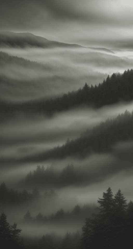 AI generated: forest with mist across the scene, in the style of minimalist canvases, photo-realistic landscapes, ...