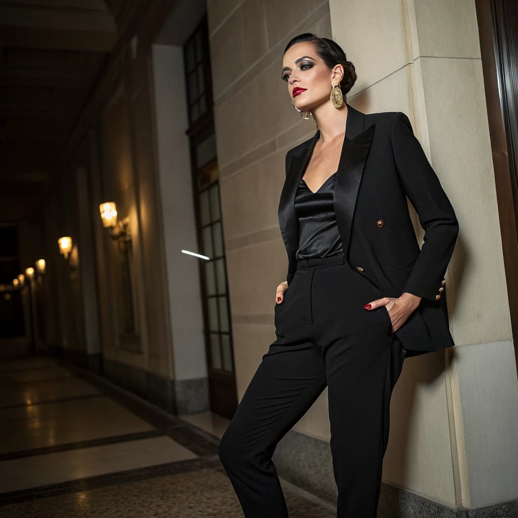 AI generated: A super-realistic full-body portrait of a captivating Italian mafia boss woman, standing with comman...
