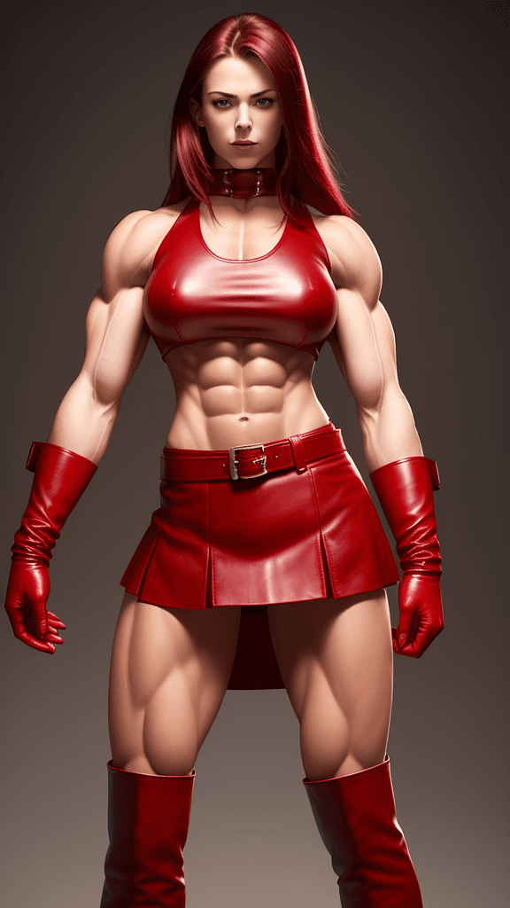 AI generated: 20 year old very muscular girl with muscular abs and toned biceps wears red Leather skirt, red Long ...