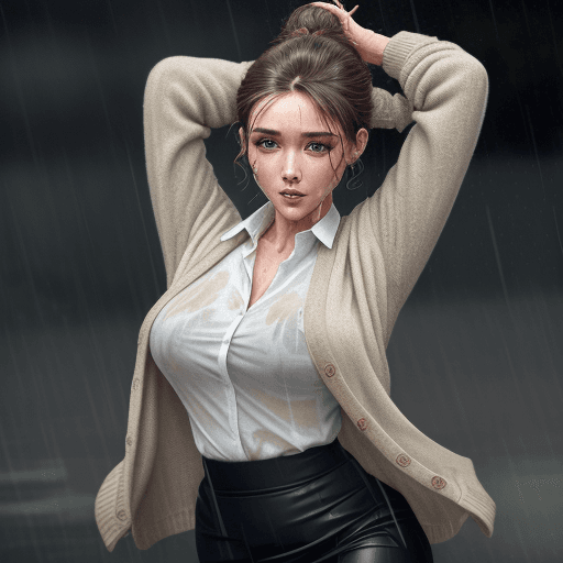 AI generated: A beautiful lady wearing a cardigan and pencil skirt, dancing in heavy rain, face and body are wet, ...