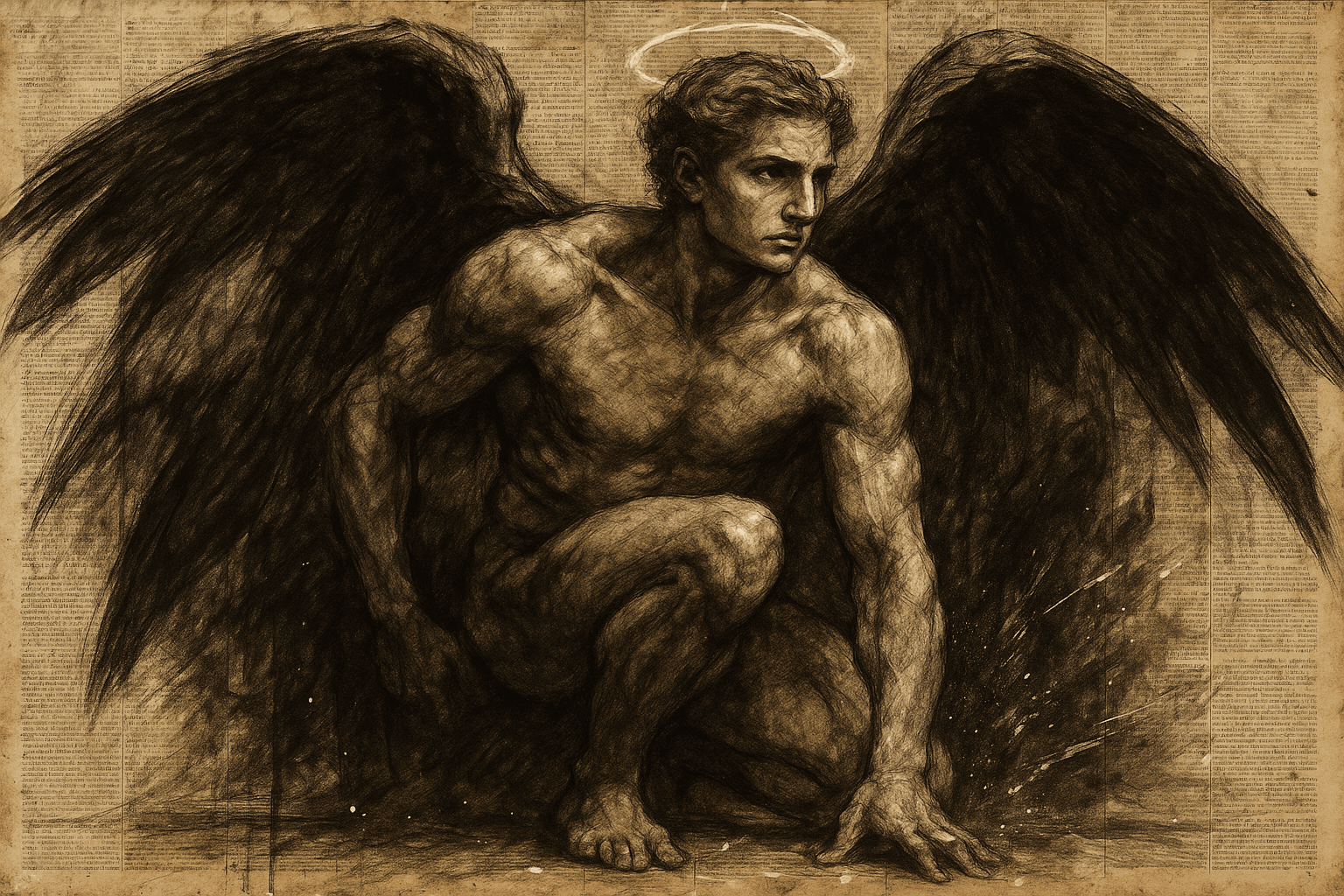 AI generated: Charcoal and ink drawing of a crouching male angel with large dark wings, painted over aged newspape...