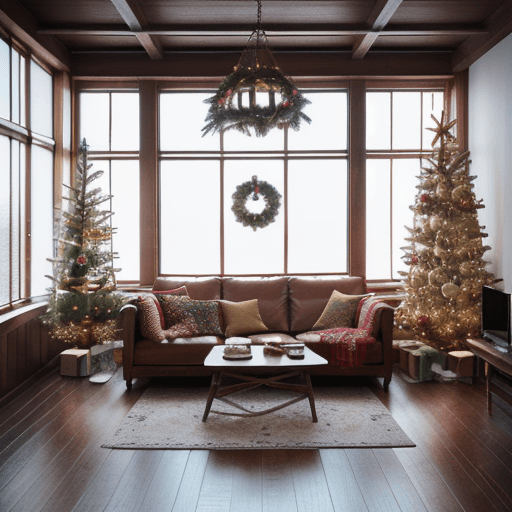 AI generated: Beautiful Christmas decor with a semineu, resolution photography interior design, dreamy sunken livi...
