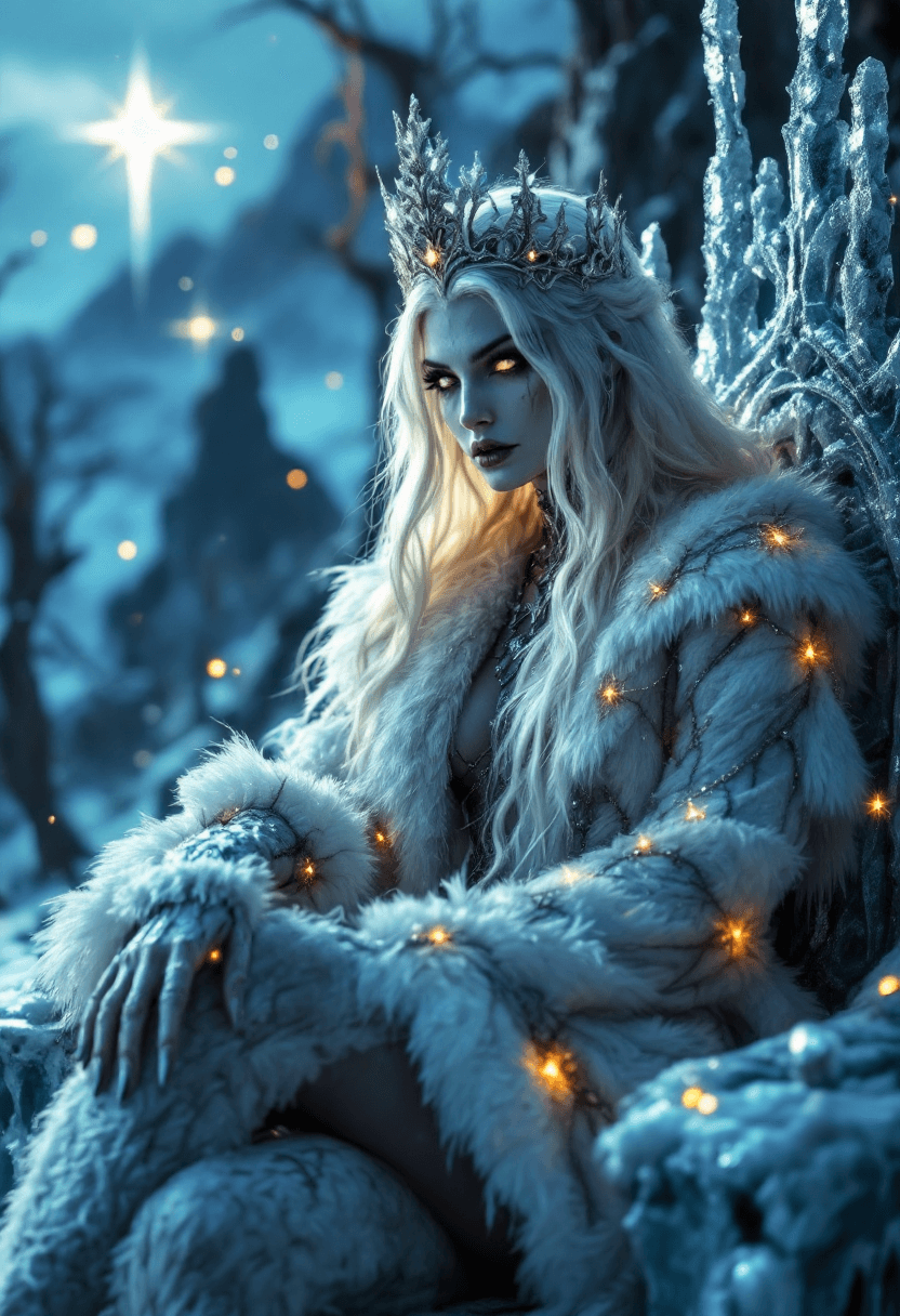 AI generated: 4K, magazine photo shoot quality image of a beautiful 23-year-old platinum blonde ice witch with pie...