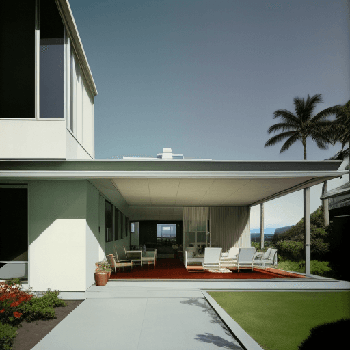 AI generated: Hyper realistic eye level exterior photo of a mid century modern style house overlooking the ocean, ...