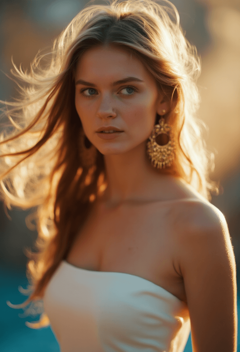 AI generated: A photorealistic portrait of a fit 25yo woman with long, flowing blonde hair being blown by wind, ca...