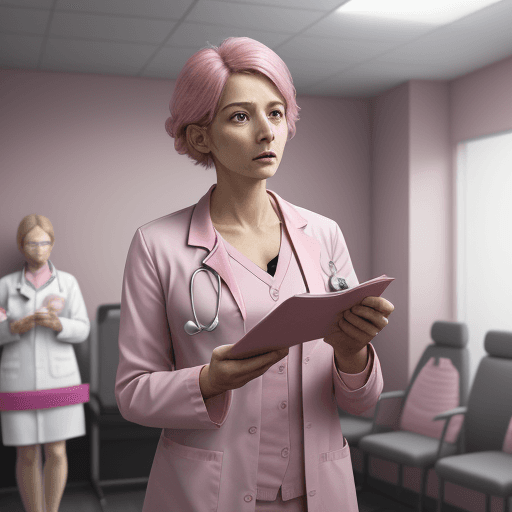 AI generated: Photo of a ultra realistic, medicine doctor dressed in pink, giving speech, face of a crowd, interio...