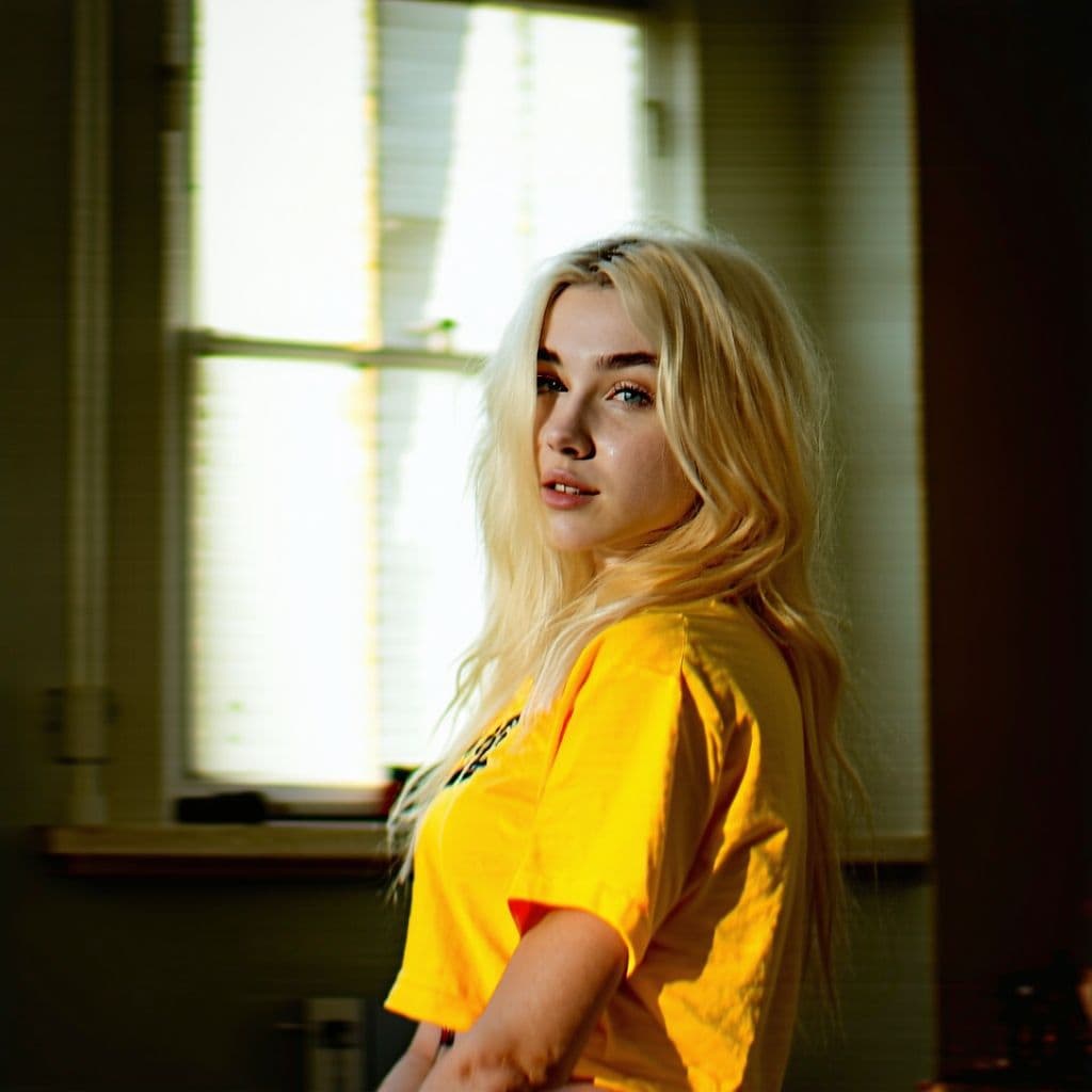 AI generated: High resolution photography blond girl in a yellow shirt is posing, soft, atmospheric lighting --cha...