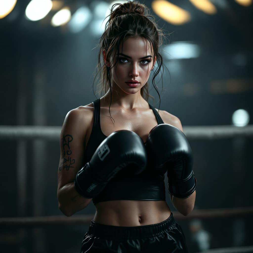 AI generated:  female ,dressed as boxer, standing in the ring, (((full body visible))), looking at viewer, portrai...