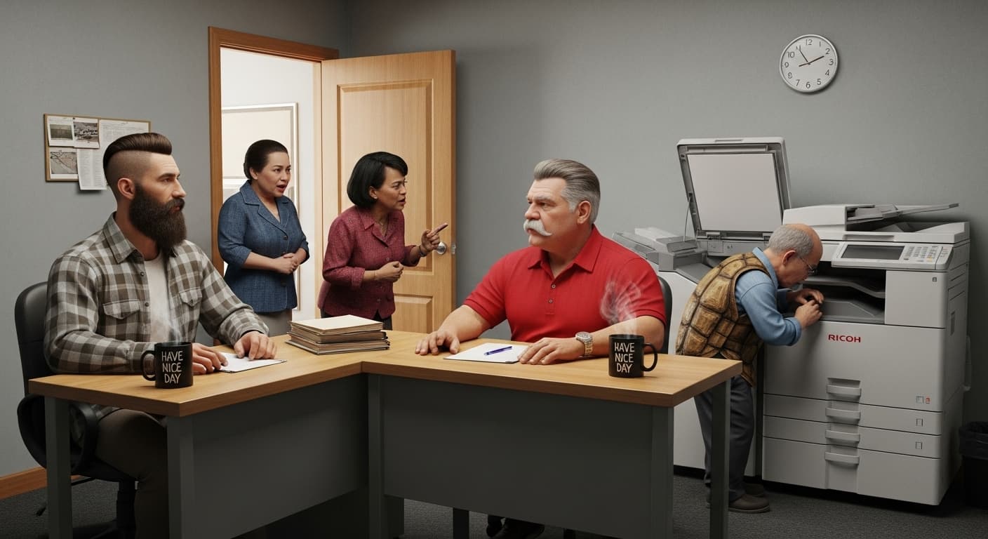 AI generated: Generate a realistic lifelike image of a small office, there are two corner desks opposite each othe...