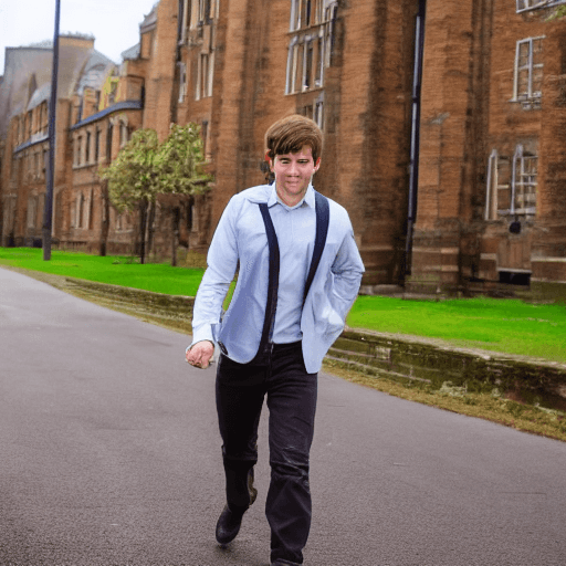AI generated: man with brown hair going to a big university frow behind