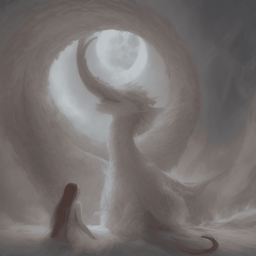 AI generated: The image depicts a woman in a white dress standing in front of a large dragon, with a full moon in ...
