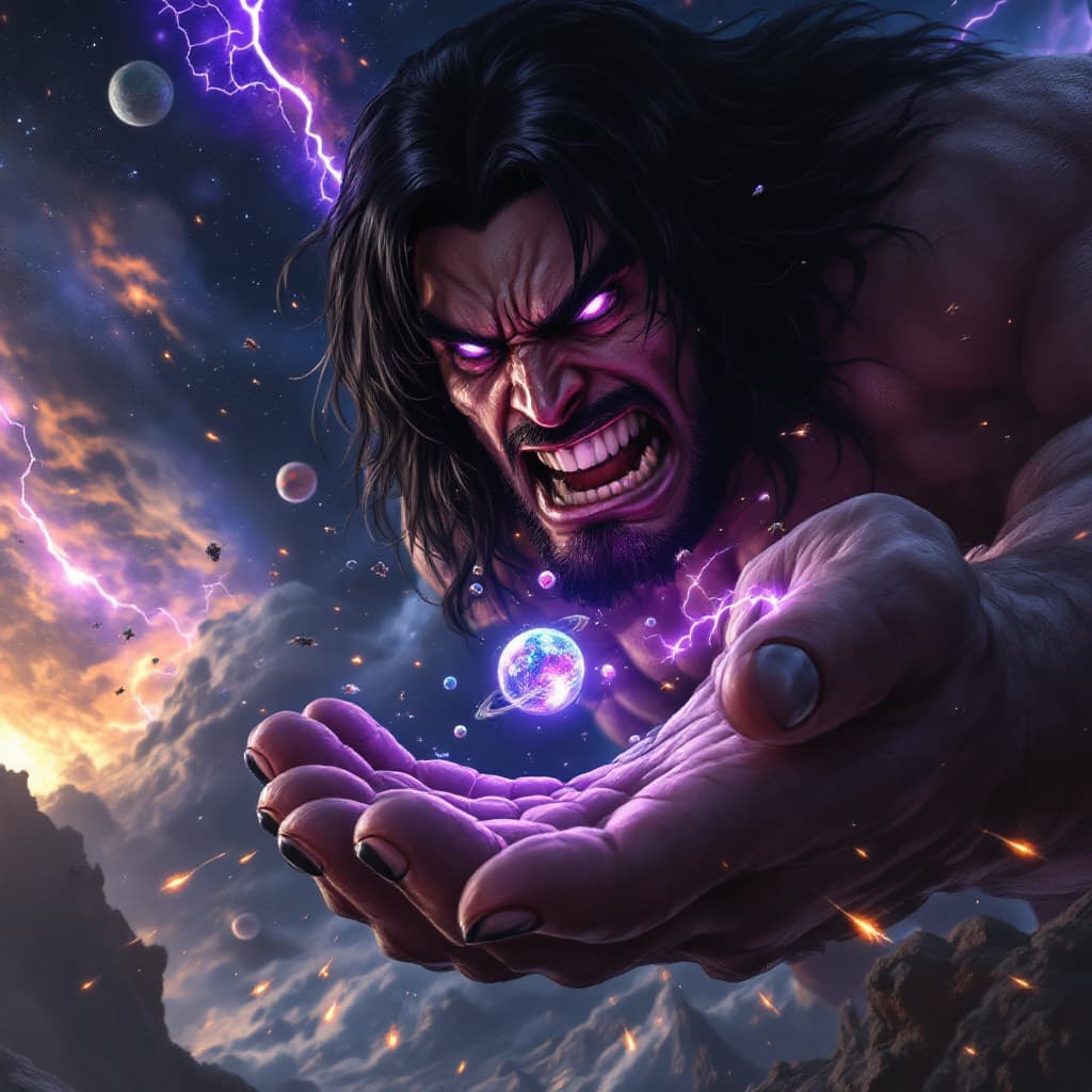 AI generated: Enormous muscular giant man who resembles a WWE superstar, with black medium-length hair and straigh...