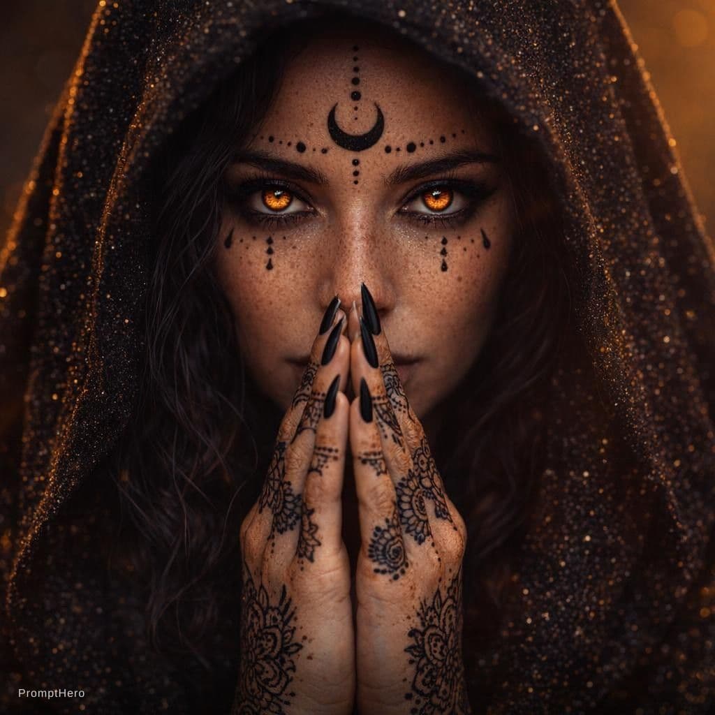 AI generated: "A highly detailed, photorealistic portrait of a mysterious woman with intense glowing amber-orange ...