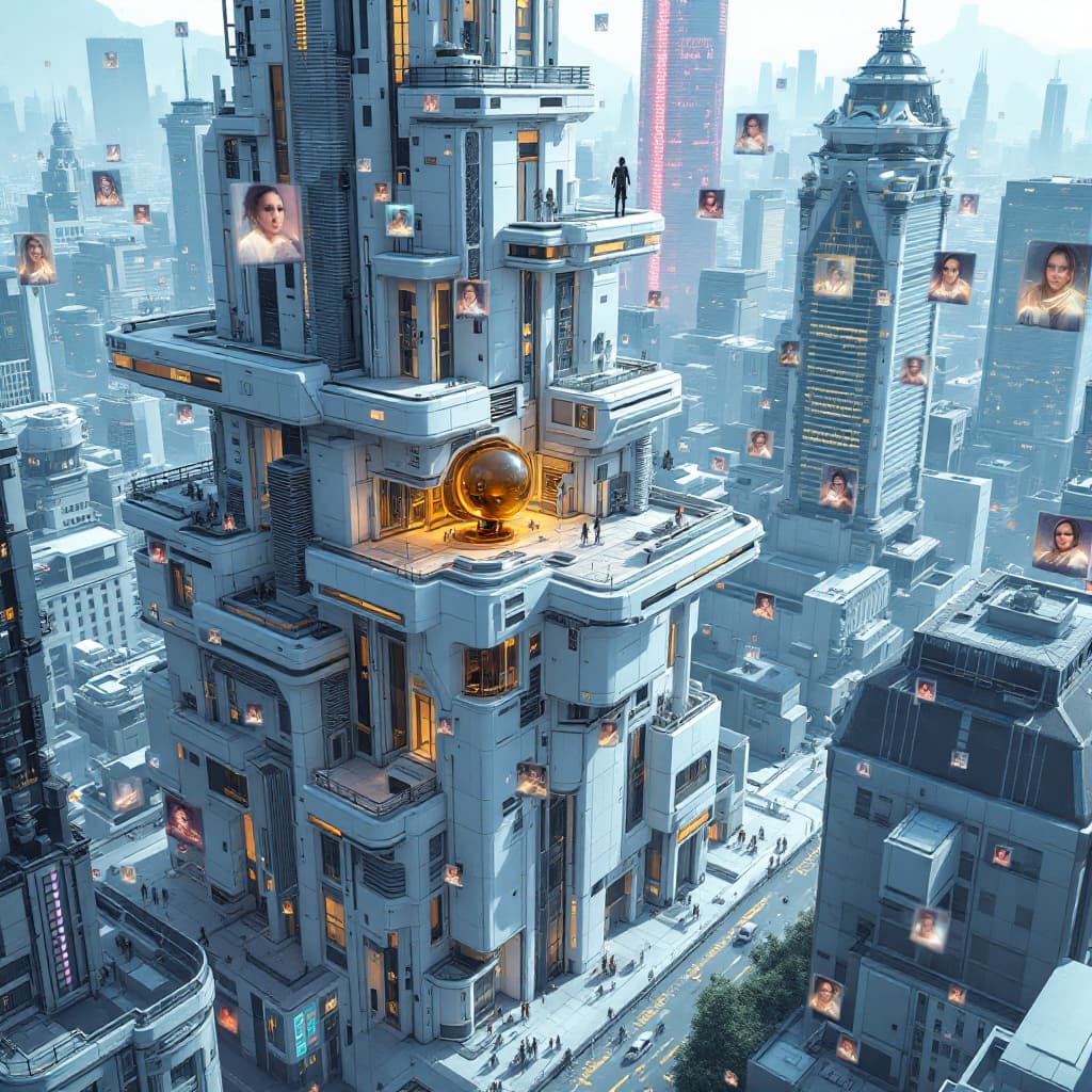 AI generated: detailed cyberpunk cityscape, multi-level urban structures and buildings, a white futuristic buildin...