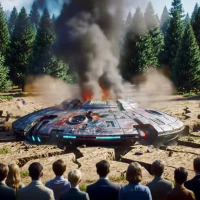 AI generated video: a highly detailed UFO crashed in a realistic spruce forest, smoke coming from the UFO, Cracked groun...