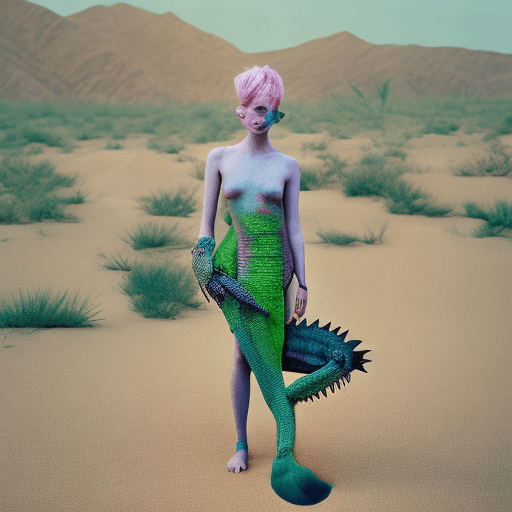 AI generated: A girl with pink hair posing with colorful iguanas, in desert dunes, in the style of Tim Walker's ph...