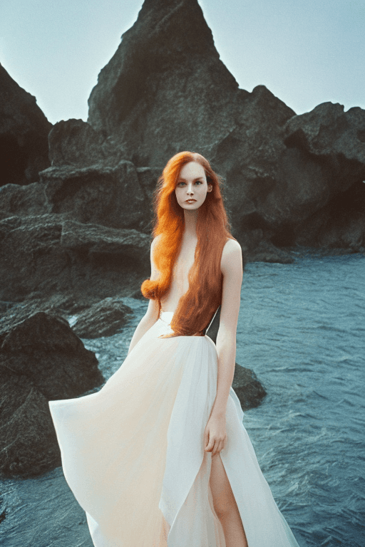 AI generated: copper long hair woman in a an elegant luxury dress designed by Dior, standing on the shore, film ph...