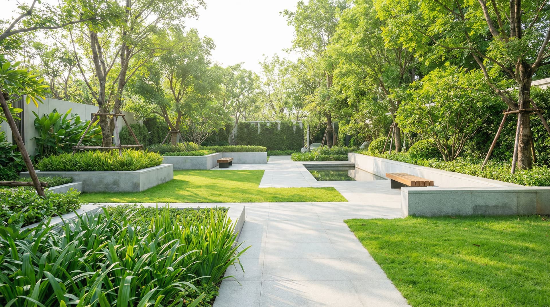 AI generated: A clean, modern garden background for an AI tool interface. Bright natural daylight, soft shadows, a...
