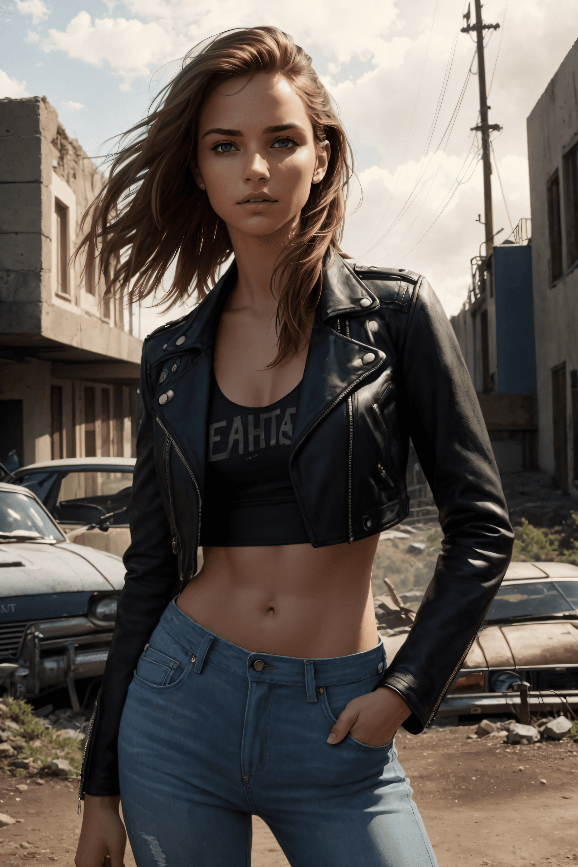 AI generated: A portrait image of a young, skinny woman with small breasts, dressed in a trendy jeans crop top and...