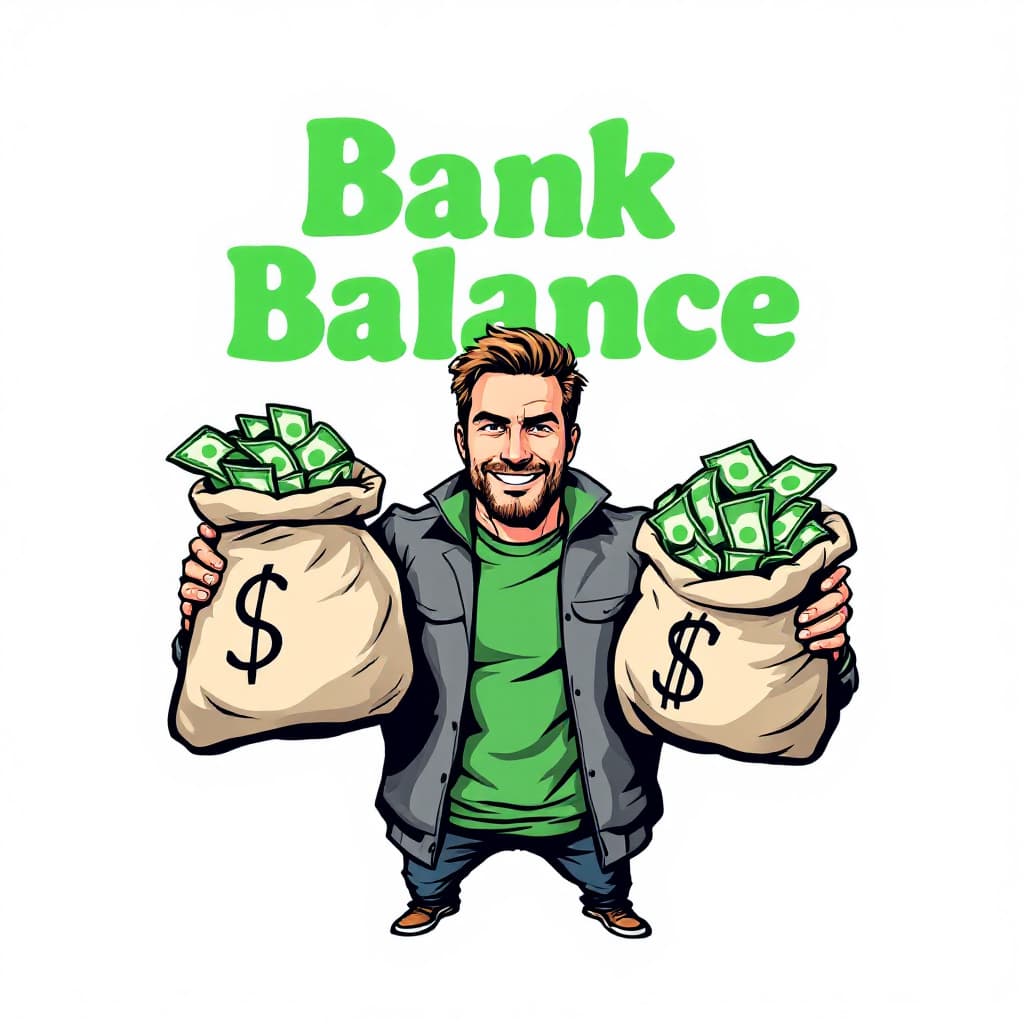 AI generated: Create an illustration of a man confidently holding two large bags filled with money. Above his head...