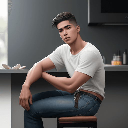 AI generated: Hyper realistic photo of a young man with Latino features sitting on a stool, captured from the side...
