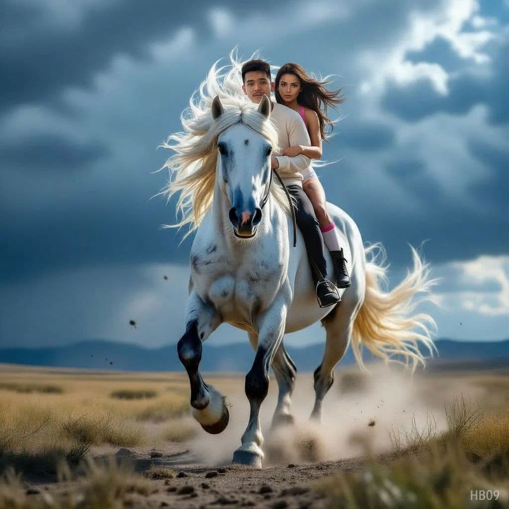 AI generated: on horseback for two
Insert a small watermark “HB09” at the bottom of the photo.