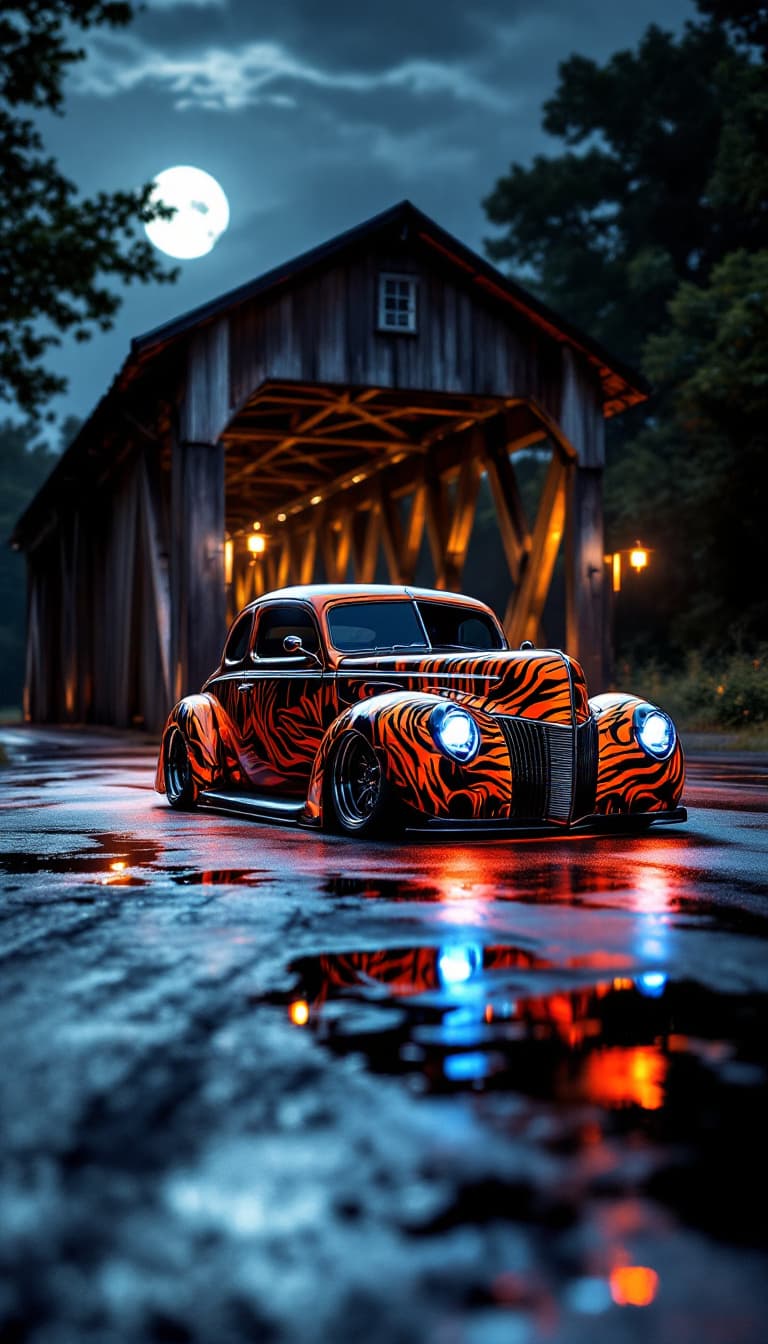 AI generated: A photo realistic 1940 Ford Coupe from a front side view with front facing camera. The car is lowere...