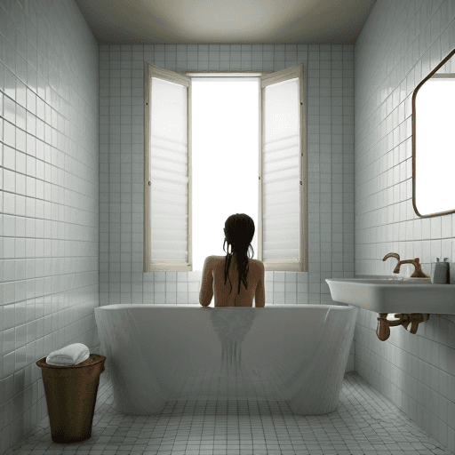 AI generated: A detailed digital illustration in the style of Dimitry Roulland, featuring a woman in a bathtub, fa...