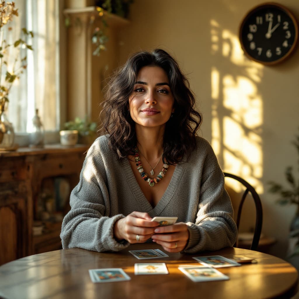 AI generated: GozdeSeker, a 45 years old woman with olive skin and dark, wavy hair, sits in a cozy room. She wears...
