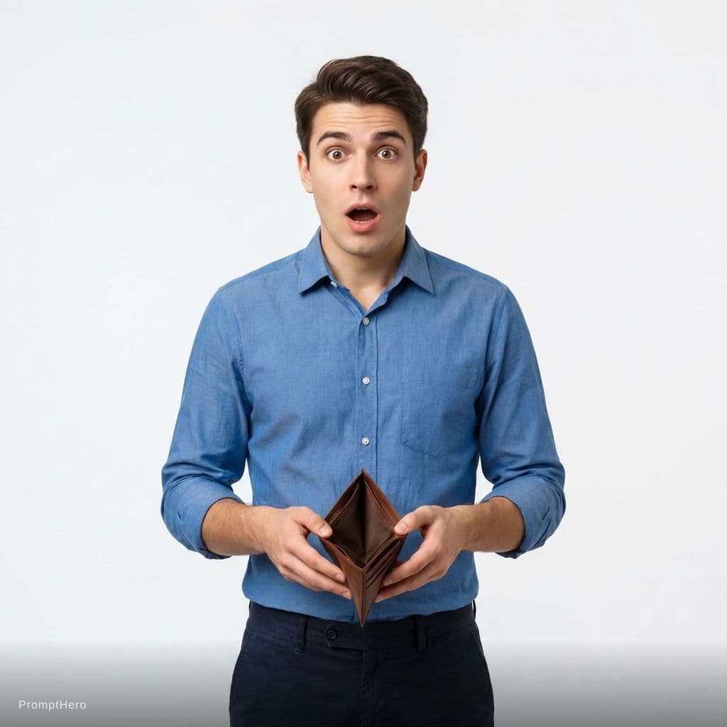 AI generated: A young stressed man holding an empty open wallet, looking shocked, bright white studio background, ...