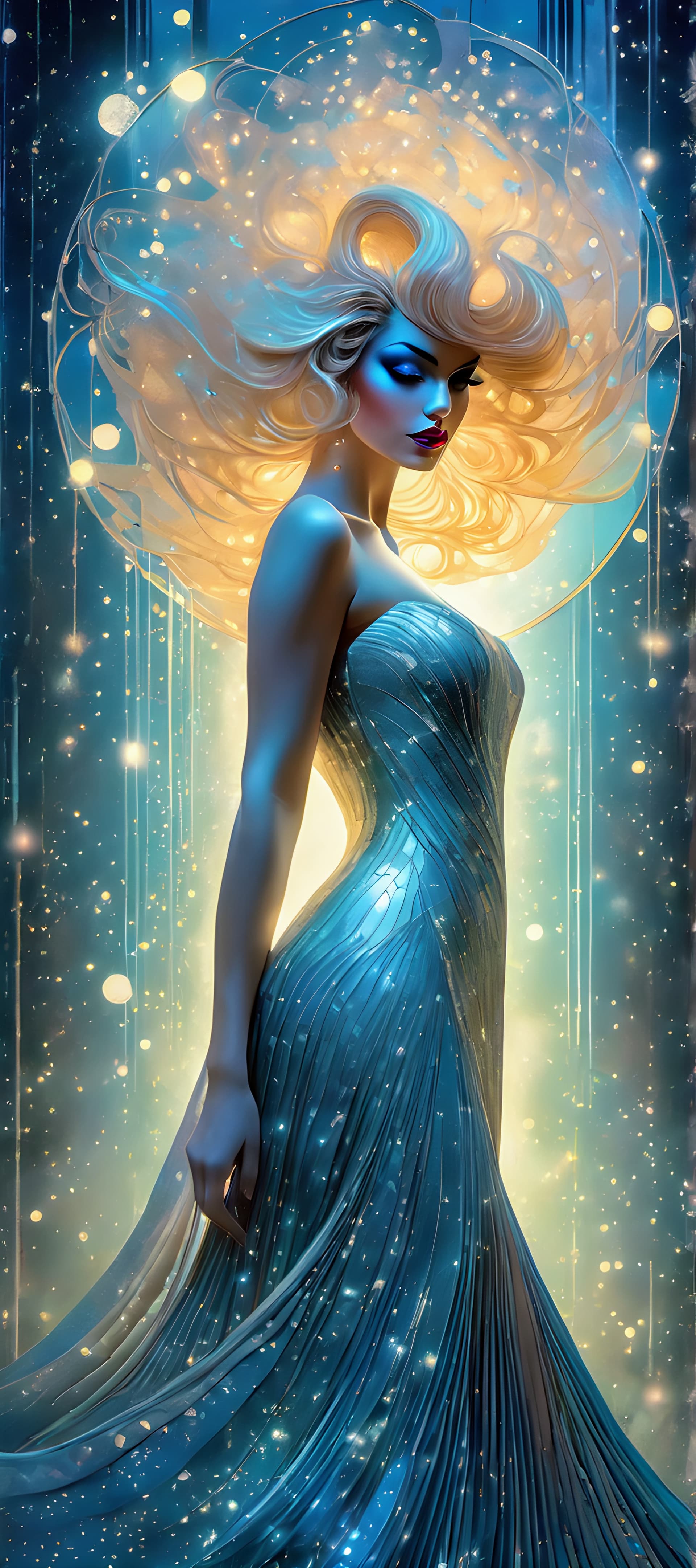 AI generated: Photoshoot of a Beautiful full body woman in Wonder dress made of shimer and ethereal fabric from th...