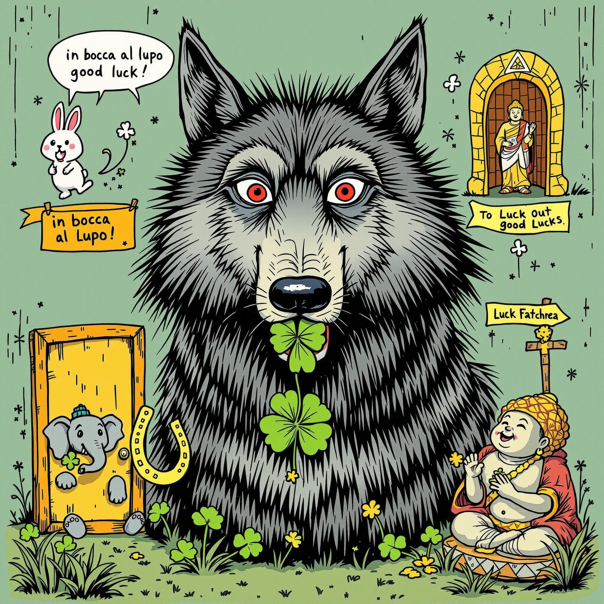 AI generated: I'd like a funny, ironic illustration based on the Italian phrase in highlight "in bocca al lupo," w...