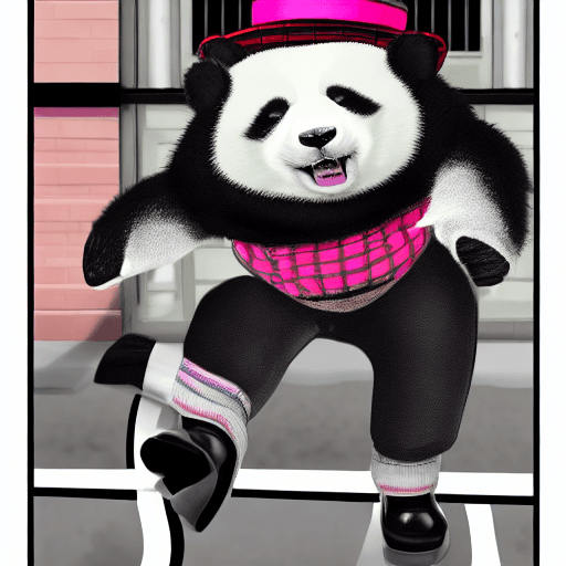 AI generated: a black and white panda in the style of gta wearing a black bowler hat, a tartan bow tie, pink rolle...