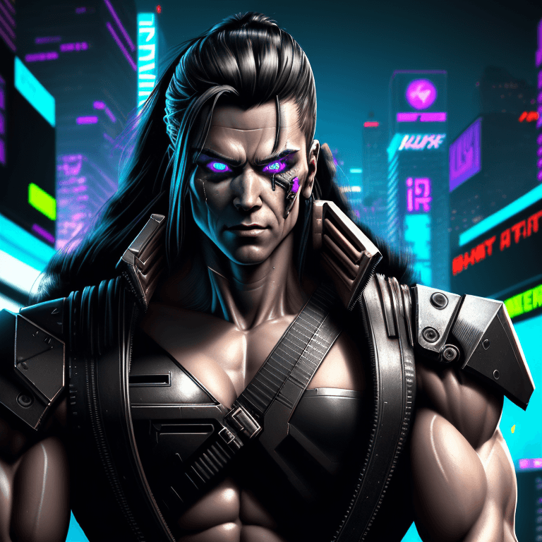 AI generated: cyberpunk retrowave warrior muscles pose portrait, insanely detailed, highest quality, concept art, ...