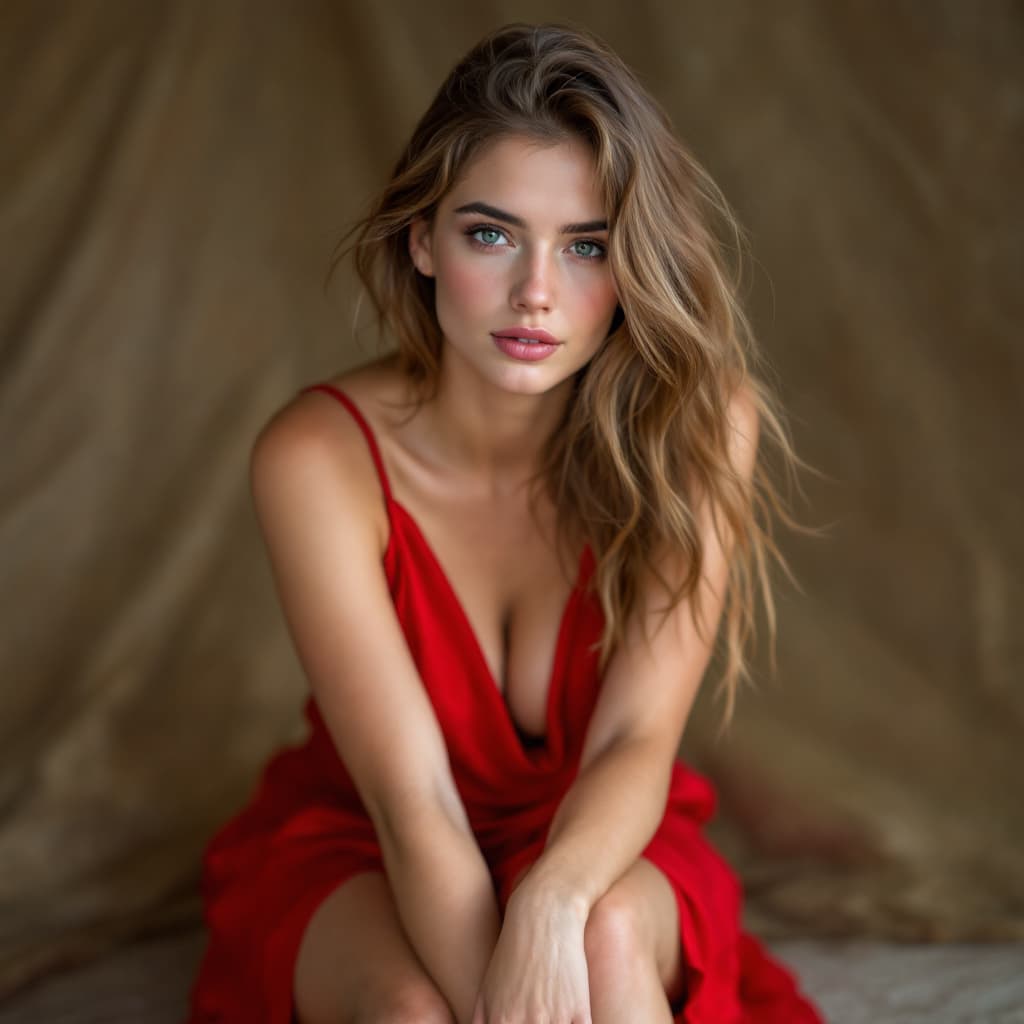 AI generated: portrait photo of a 20-year-old woman with light brown hair, posing in red dress, sitting on a chain...