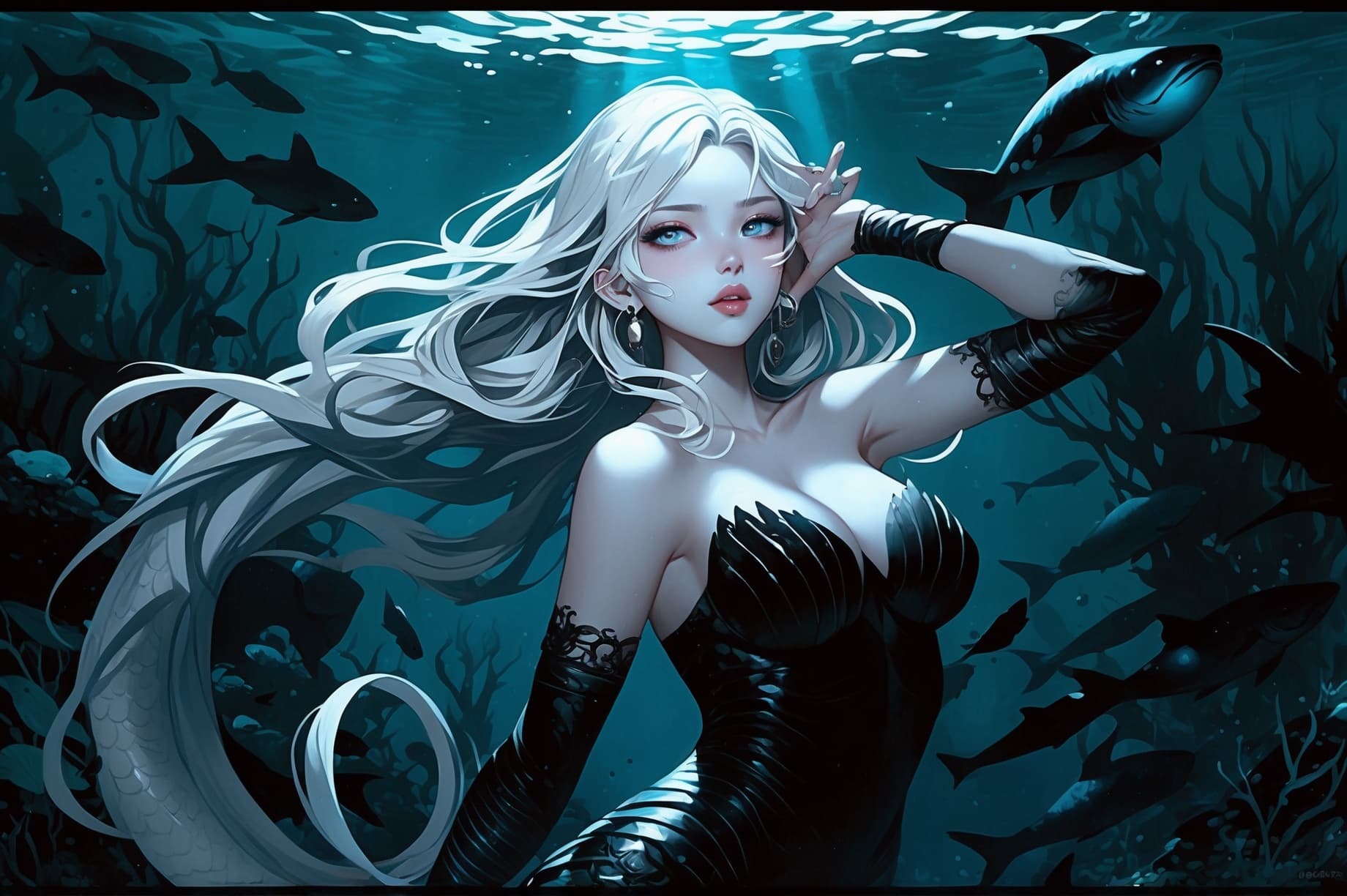 AI generated: A relentlessly savage Mermaid queen, each aspect pulsating with power amidst her predatory nature: r...