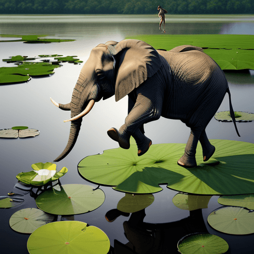AI generated: Hyper realistic eye level of an elephant crossing a lake jumping from lily pad to lily pad
