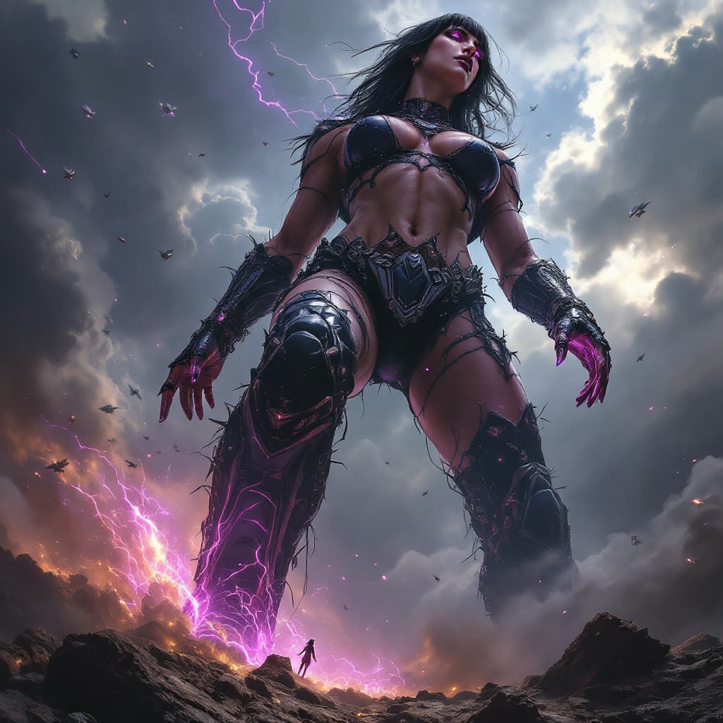 AI generated: enormous giantess female Rhea Ripley from WWE with black medium length hair and straight bangs, bigg...