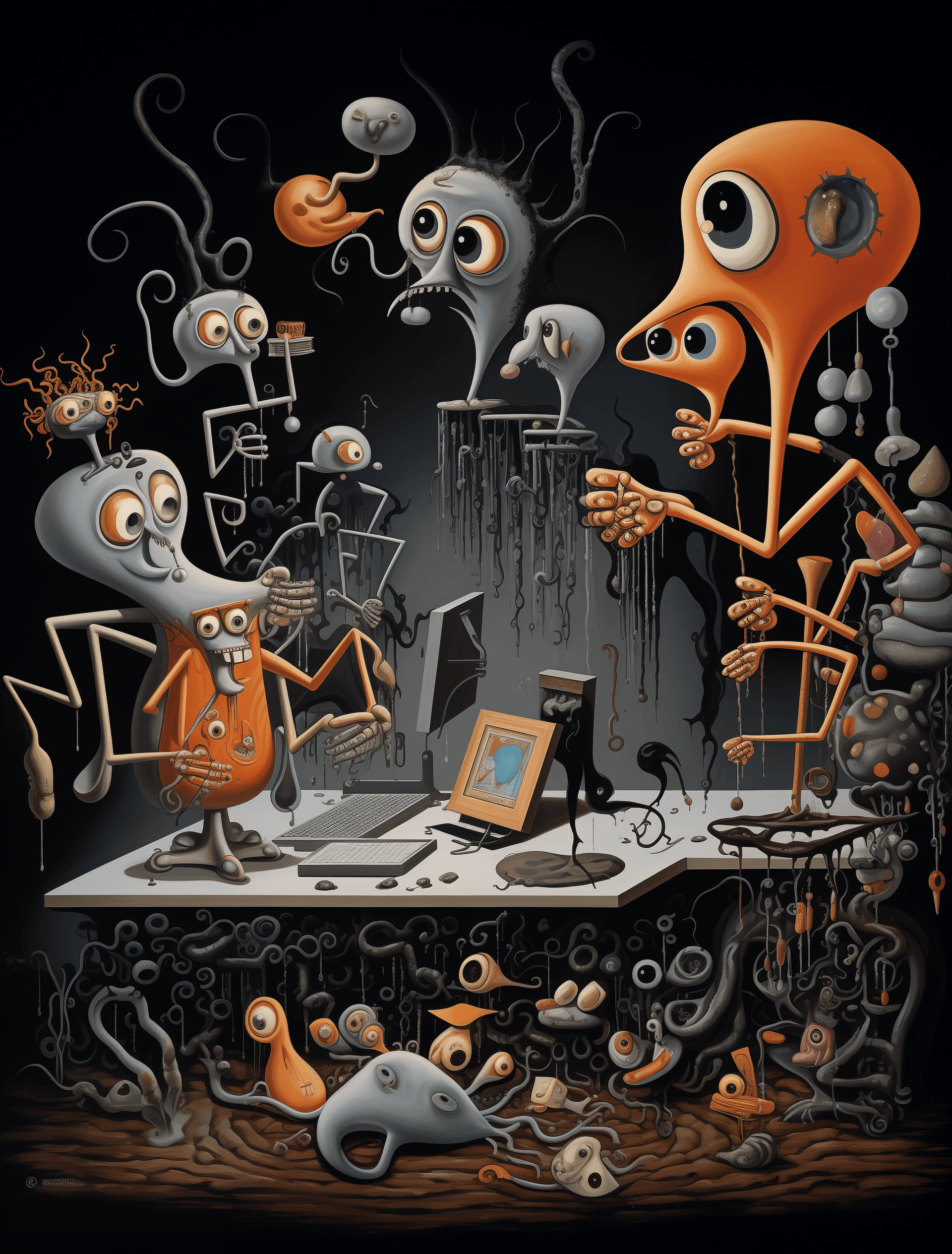 AI generated: A surrealistic painting depicts an abstract human-like figure with multiple eyes holding and playing...