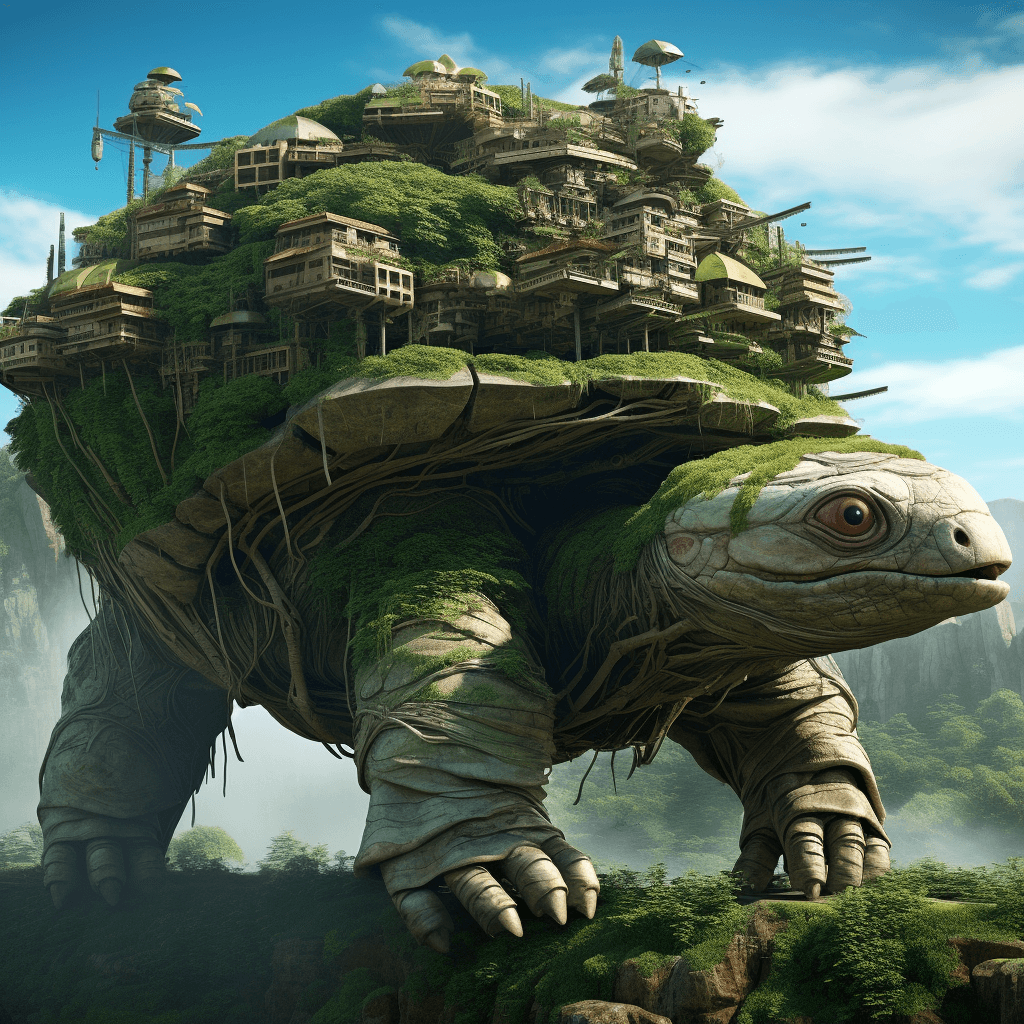 AI generated: ancient giant creature shaped like tortoise has an extraterrestrial kingdom on top of it, in the sty...