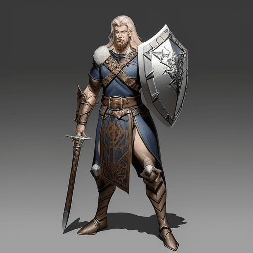 AI generated: a cartoon image of a man with a (war hammer) and a shield, straight face, Handsome, realistic fantas...