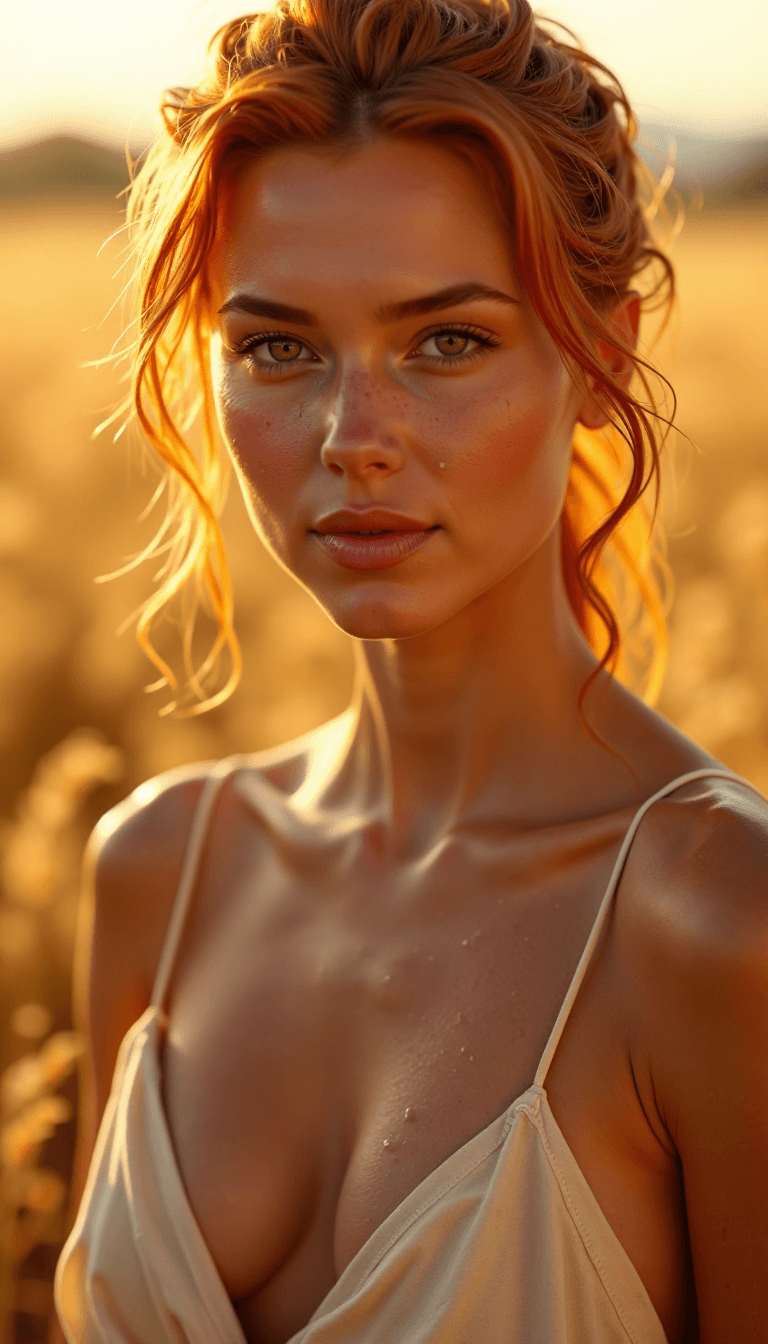 AI generated: Cinematic still A close-up of an attractive,red hair woman in her early 20s wearing a wet linen dres...