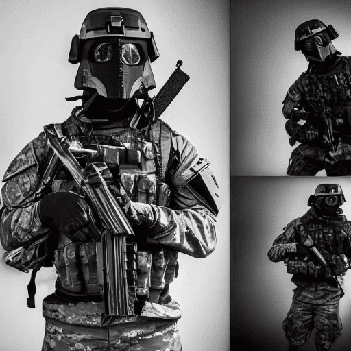 AI generated: best quality, masterpiece, photography of an elite soldier, nighttime, dark shot, dark theme, moonli...