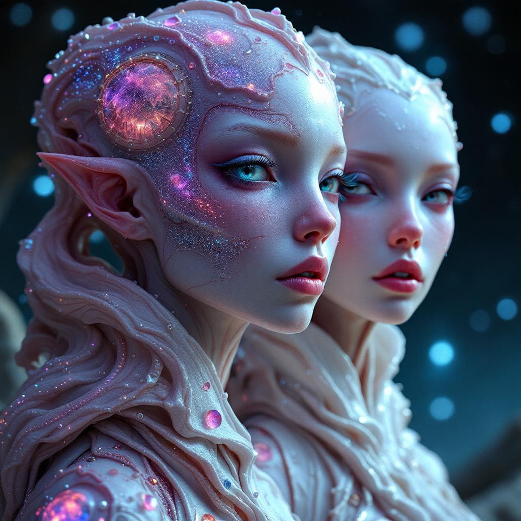 AI generated: Create a unique, flesh, organic, species, Male and Female. Otherworldly human figures with iridescen...
