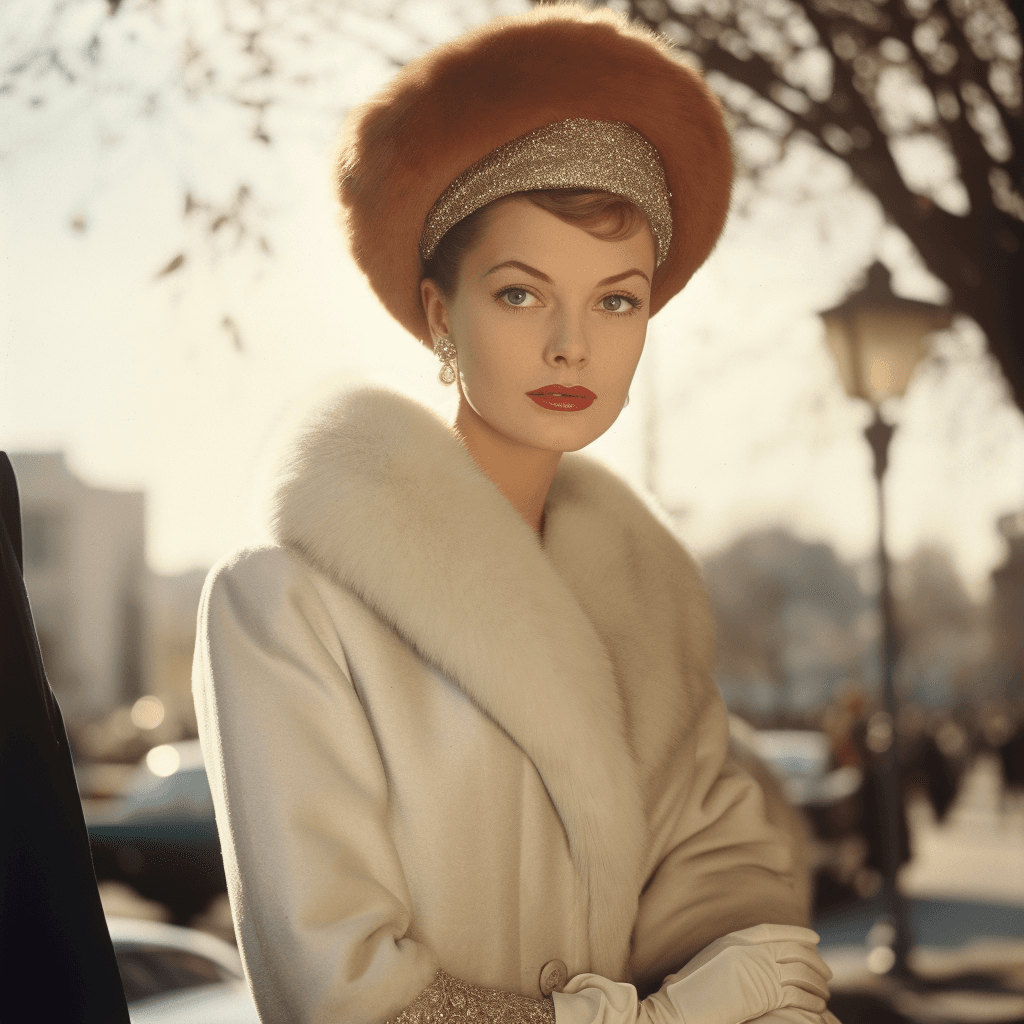 AI generated: high fashion, vogue , 1957, ray tracing, perfect yes, Kodak portra 800, f1. 8, golden hour