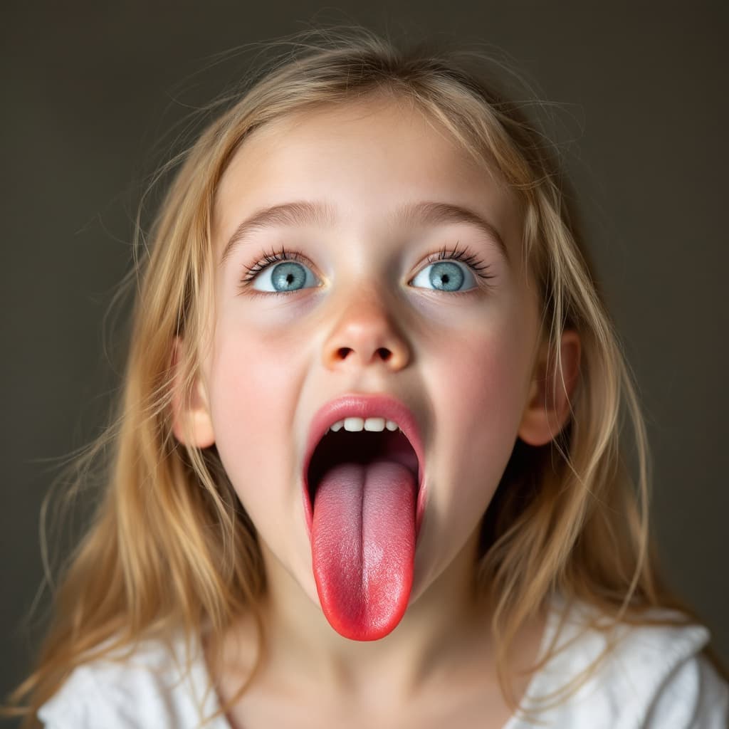 AI generated: saliva on long tongue little girl
