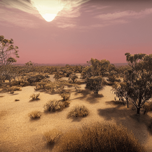 AI generated: photo of a ultra realistic Australian outback with Aboriginal village, dramatic light, pale sunrise,...