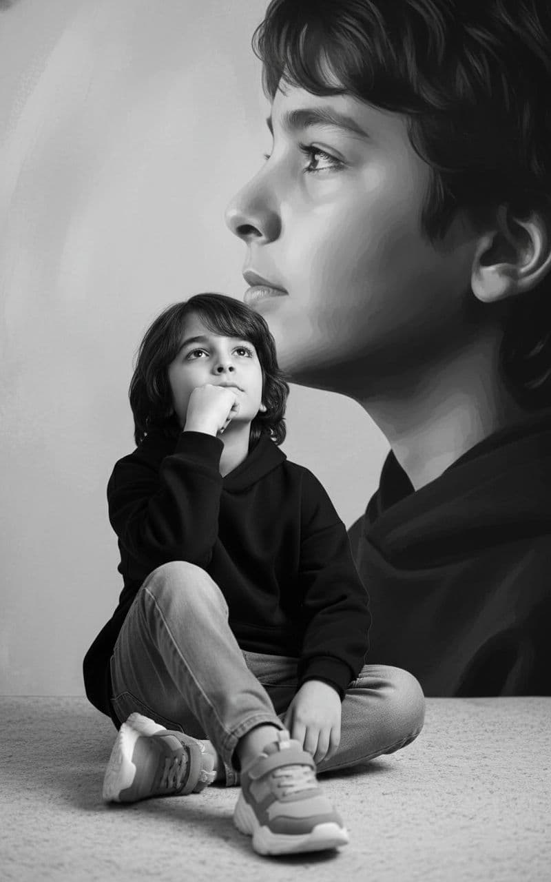 AI generated: Create an artistic portrait of a handsome 7-year-old boy, seated elegantly on the floor, wearing a m...