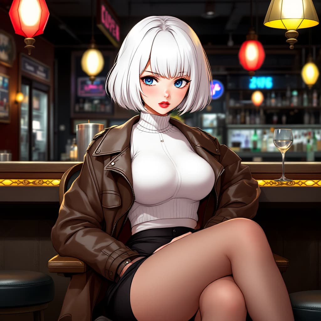AI generated: anime, woman, white hair, bob cut, blue eyes, freckles, red lips, white turtle neck sweater, tight t...